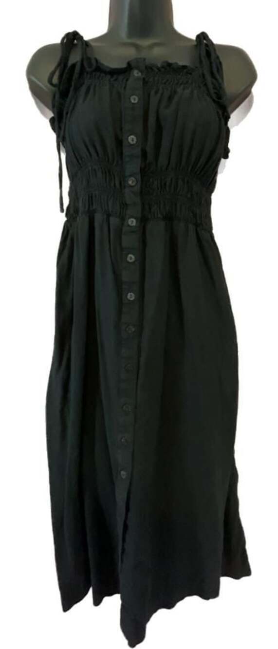 Linen Flattering Black Smocked Bodice Adjustable TieStrap ButtonFront Midi Sundr
